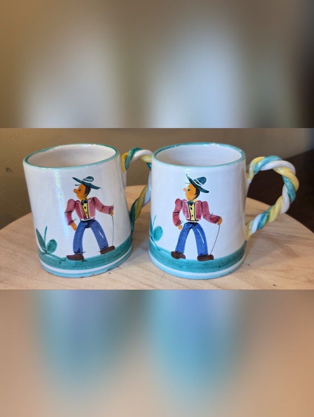 Set of 2 VTG Italian Hand Painted Mugs Twisted Handle Coffee Blue Green See Pics